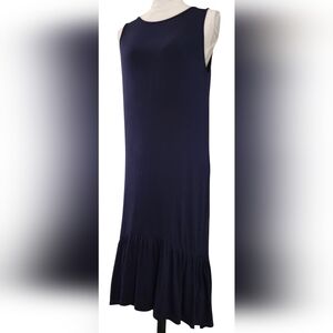 Paradis Sleeveless Navy Blue Jersey Frill Ruffle Midi Dress Women's S NWT